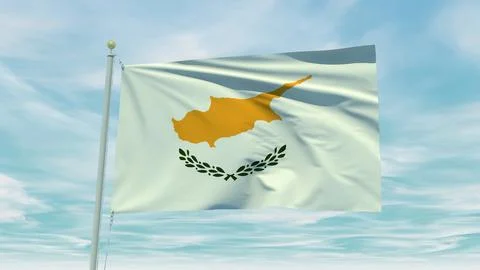 Seamless loop animation of the Cyprus flag on a blue sky background. 3D Ill.. Stock Illustration