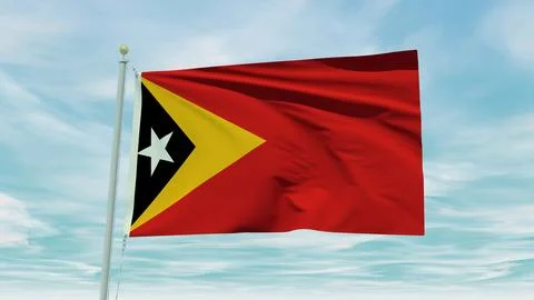 Seamless loop animation of the East Timor flag on a blue sky background. 3D.. Stock Illustration
