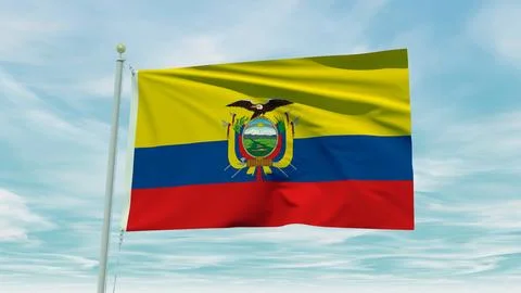 Seamless loop animation of the Ecuador flag on a blue sky background. 3D Il.. Stock Illustration