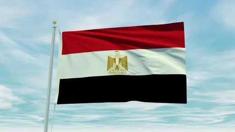 Seamless loop animation of the Egypt flag on a blue sky background. 3D Illu.. Stock Illustration