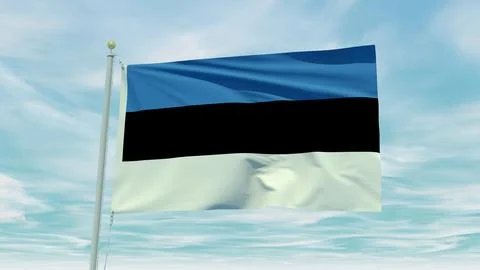 Seamless loop animation of the Estonia flag on a blue sky background. 3D Il.. Illustrazione stock