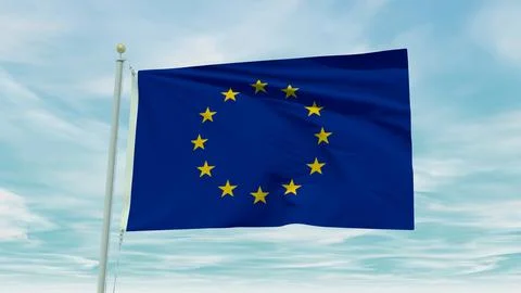 Seamless loop animation of the Eu flag on a blue sky background. 3D Illustr.. Stock Illustration