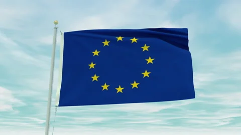 Seamless loop animation of the European Union flag on a blue sky background. Stock Footage 211110885