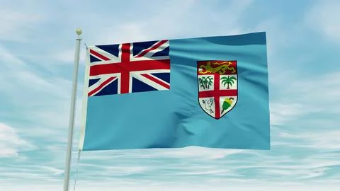 Seamless loop animation of the Fiji flag on a blue sky background. 3D Illus.. Illustrazione stock