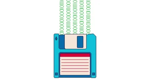 Seamless loop animation of floppy disk with binary code stream symbolizing Stock Footage 317222951