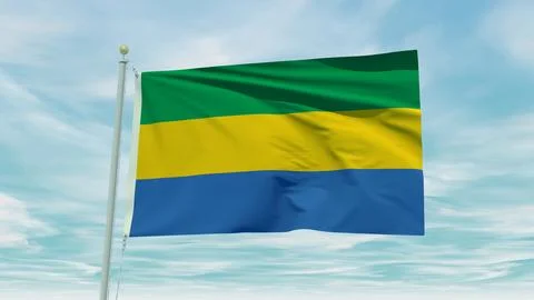 Seamless loop animation of the Gabon flag on a blue sky background. 3D Illu.. Stock Illustration