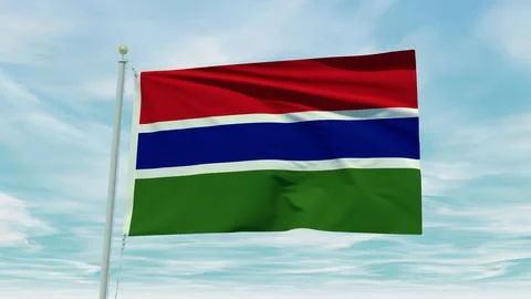 Seamless loop animation of the Gambia flag on a blue sky background. 3D Ill.. Stock Illustration