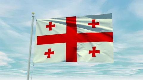 Seamless loop animation of the Georgia flag on a blue sky background. 3D Il.. Stock Illustration