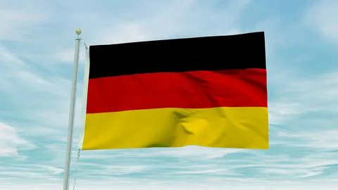 Seamless loop animation of the Germany flag on a blue sky background. 3D Il.. Stock Illustration