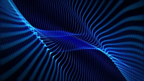 Seamless loop animation of glowing blue string waves float on a dark background Stock Footage 310429727