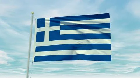 Seamless loop animation of the Greece flag on a blue sky background. 3D Ill.. Illustrazione stock