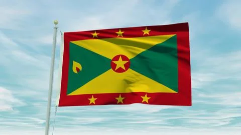 Seamless loop animation of the Grenada flag on a blue sky background. 3D Il.. 스톡 일러스트