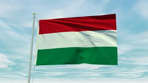 Seamless loop animation of the Hungary flag on a blue sky background. 3D Il.. Illustrazione stock