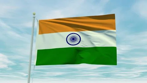 Seamless loop animation of the India flag on a blue sky background. 3D Illu.. Stock Illustration