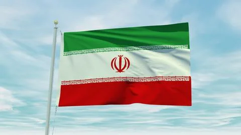 Seamless loop animation of the Iran flag on a blue sky background. 3D Illus.. Stock Illustration