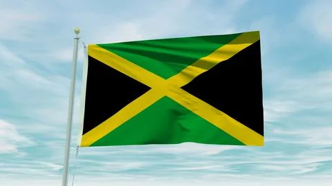 Seamless loop animation of the Jamaica flag on a blue sky background. 3D Il.. Illustrazione stock
