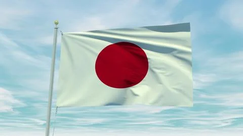 Seamless loop animation of the Japan flag on a blue sky background. 3D Illu.. Stock Illustration