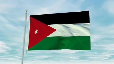 Seamless loop animation of the Jordan flag on a blue sky background. 3D Ill.. Stock Illustration