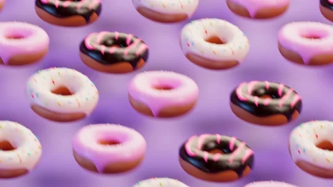 Seamless loop animation of jumping donuts. Colourful various decorated doughnuts Video stock 139713099