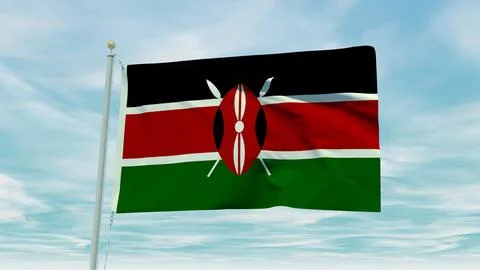 Seamless loop animation of the Kenya flag on a blue sky background. 3D Illu.. Stock Illustration