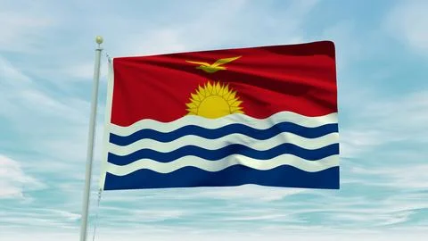 Seamless loop animation of the Kiribati flag on a blue sky background. 3D I.. Stock Illustration
