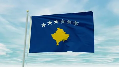 Seamless loop animation of the Kosovo flag on a blue sky background. 3D Ill.. Stock Illustration