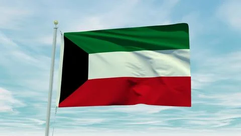 Seamless loop animation of the Kuwait flag on a blue sky background. 3D Ill.. Stock Illustration