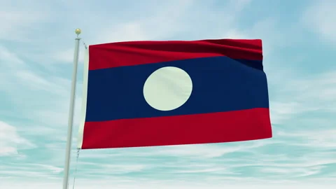 Seamless loop animation of the Laos flag on a blue sky background. Stock Footage 211111694