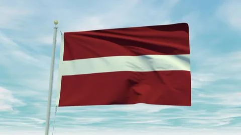 Seamless loop animation of the Latvia flag on a blue sky background. 3D Ill.. Stock Illustration