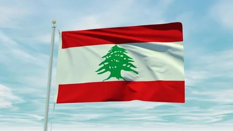Seamless loop animation of the Lebanon flag on a blue sky background. 3D Il.. Stock Illustration