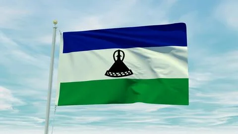 Seamless loop animation of the Lesotho flag on a blue sky background. 3D Il.. Stock Illustration