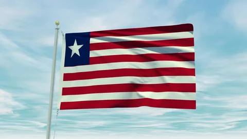 Seamless loop animation of the Liberia flag on a blue sky background. 3D Il.. Stock Illustration