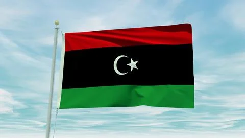 Seamless loop animation of the Libya flag on a blue sky background. 3D Illu.. Stock Illustration