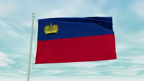 Seamless loop animation of the Liechtenstein flag on a blue sky background. Stock Footage 211112733