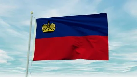 Seamless loop animation of the Liechtenstein flag on a blue sky background... Stock Illustration