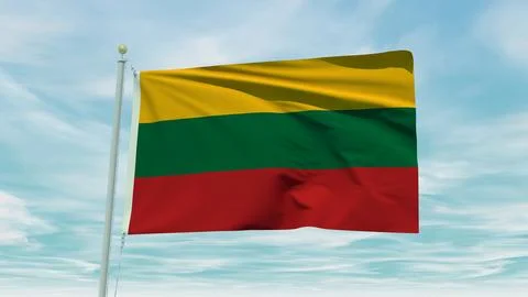 Seamless loop animation of the Lithuania flag on a blue sky background. 3D .. Stock Illustration