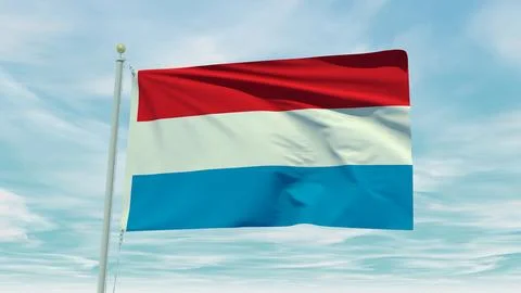 Seamless loop animation of the Luxembourg flag on a blue sky background. 3D.. Stock Illustration