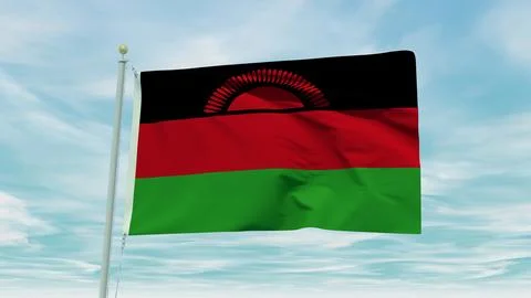 Seamless loop animation of the Malawi flag on a blue sky background. 3D Ill.. Stock Illustration