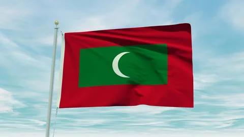 Seamless loop animation of the Maldives flag on a blue sky background. 3D I.. Stock Illustration