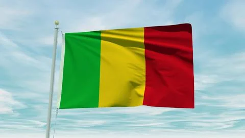 Seamless loop animation of the Mali flag on a blue sky background. 3D Illus.. Illustrazione stock