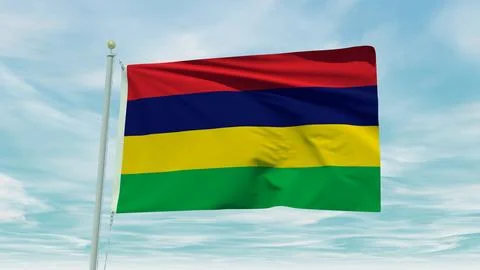 Seamless loop animation of the Mauritiusflag on a blue sky background. 3D I.. Stock Illustration