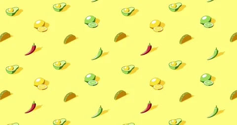Seamless loop animation of Mexican food icons on yellow background Stock Footage 332358938