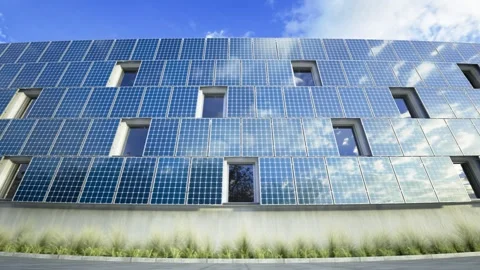 Seamless loop animation of a modern building facade with solar panels Stock Footage 288977679