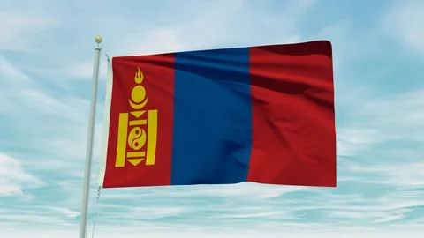 Seamless loop animation of the Mongoliaflag on a blue sky background. 3D Il.. Stock Illustration