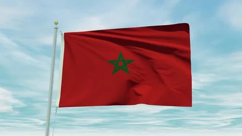 Seamless loop animation of the Morocco flag on a blue sky background. 3D Il.. Stock Illustration
