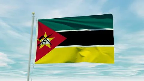 Seamless loop animation of the Mozambique flag on a blue sky background. 3D.. Stock Illustration