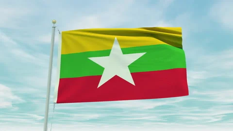 Seamless loop animation of the Myanmar flag on a blue sky background. Stock Footage 211107595