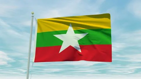 Seamless loop animation of the Myanmarflag on a blue sky background. 3D Ill.. 스톡 일러스트