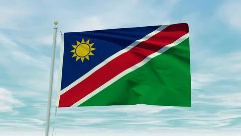Seamless loop animation of the Namibia flag on a blue sky background. 3D Il.. Stock Illustration