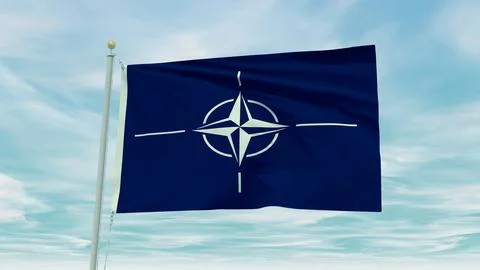 Seamless loop animation of the Nato flag on a blue sky background. 3D Illus.. Stock Illustration